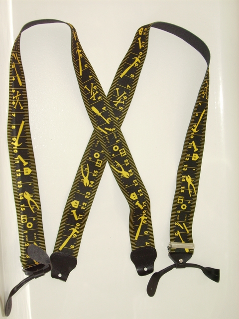 BUTTON-ON TAPE MEASURE Suspenders 2 inches wide and 48 inches long. Black with Yellow. Black Center UA120N48TMBL